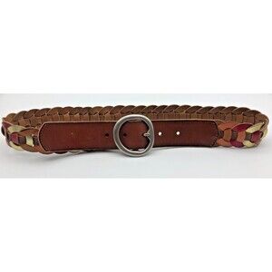 NEW Fossil Leather Belt Womens Size Small Woven Gold Brown Red Braided Boho